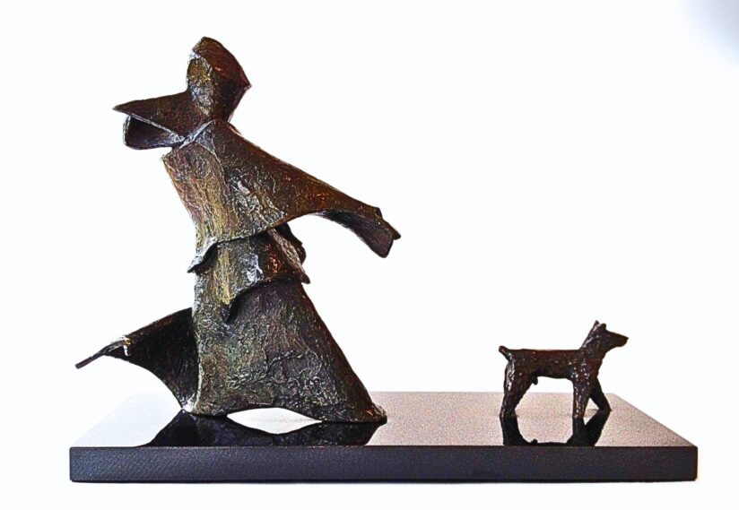 Dog Walker bronze sculpture by Judith Peck